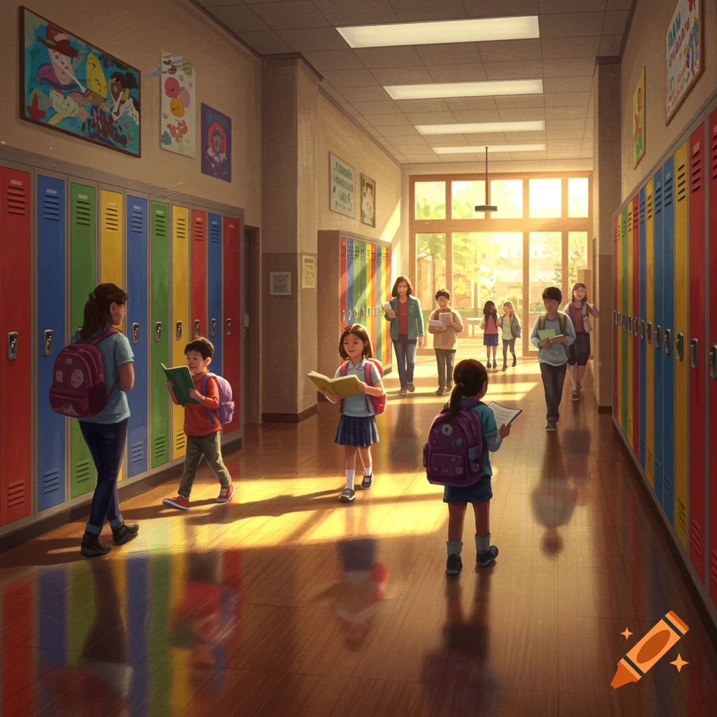 A sunlit school hallway with students and teachers, some carrying books, walking past colorful lockers.