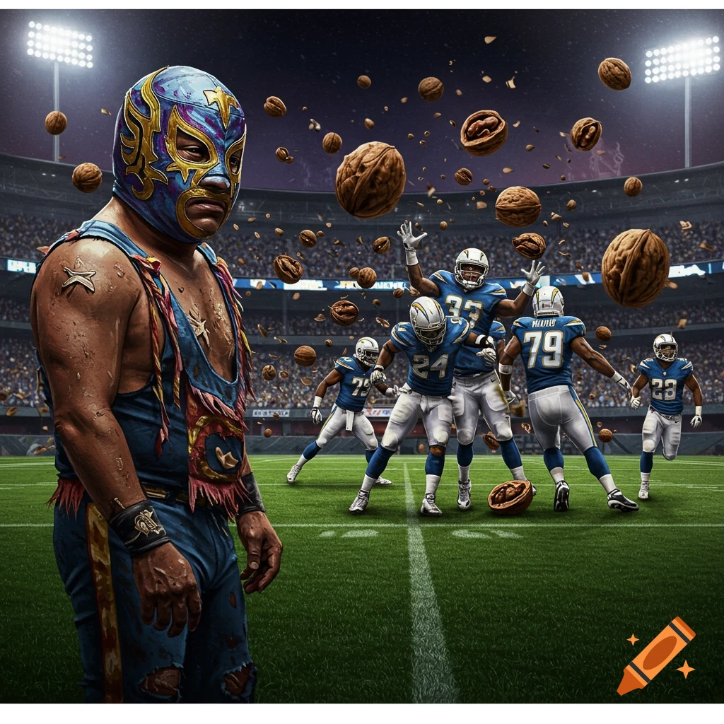 A sad luchador in a blue and gold mask stands in a football stadium, walnuts falling. San Diego Chargers players celebrate in the background.