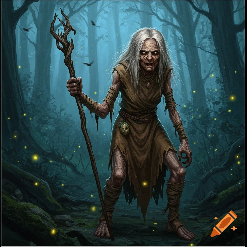 A gaunt hag with white hair and a tattered dress stands menacingly in a dark, magical forest holding a gnarled staff, detailed fantasy art.