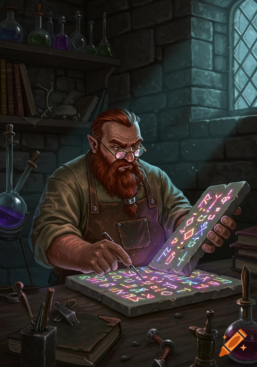 A bearded man with spectacles and elf-like ears studies glowing runes on stone slabs in a dimly lit alchemist's workshop, fantasy art style.