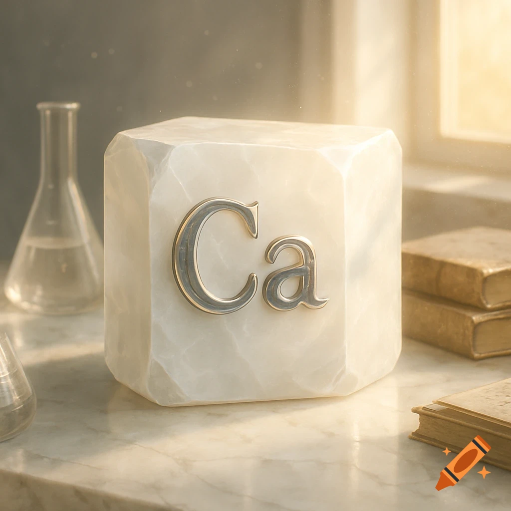 A photorealistic image of a white cubic block with the silver letters "Ca" on it, surrounded by laboratory beakers and old books, bathed in warm, sunlit glow.