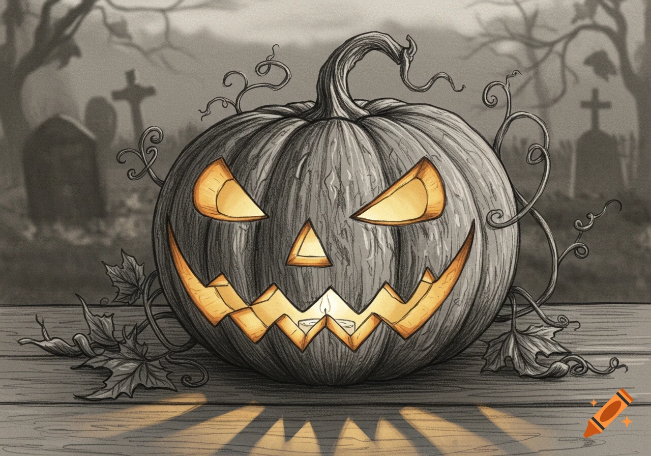 A grayscale sketch illustration of a glowing jack-o'-lantern with a spooky graveyard in the background.