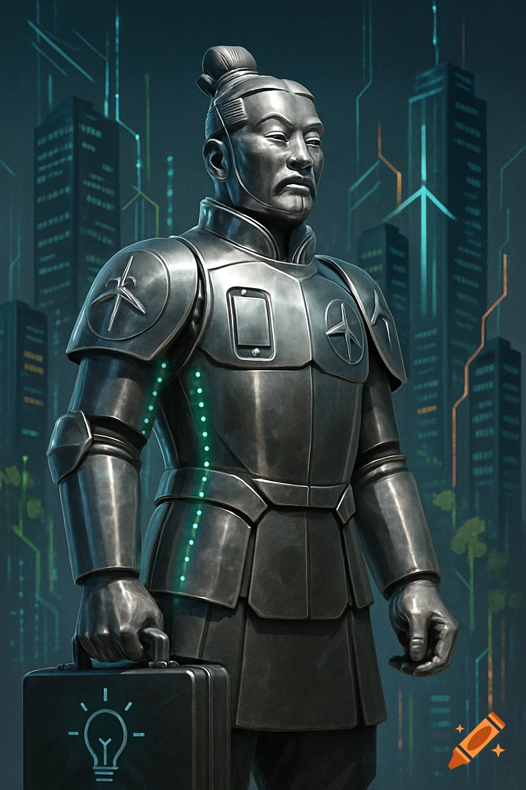 A metallic, futuristic Terracotta Warrior holding a briefcase with a lightbulb symbol, standing in front of a cyberpunk city.