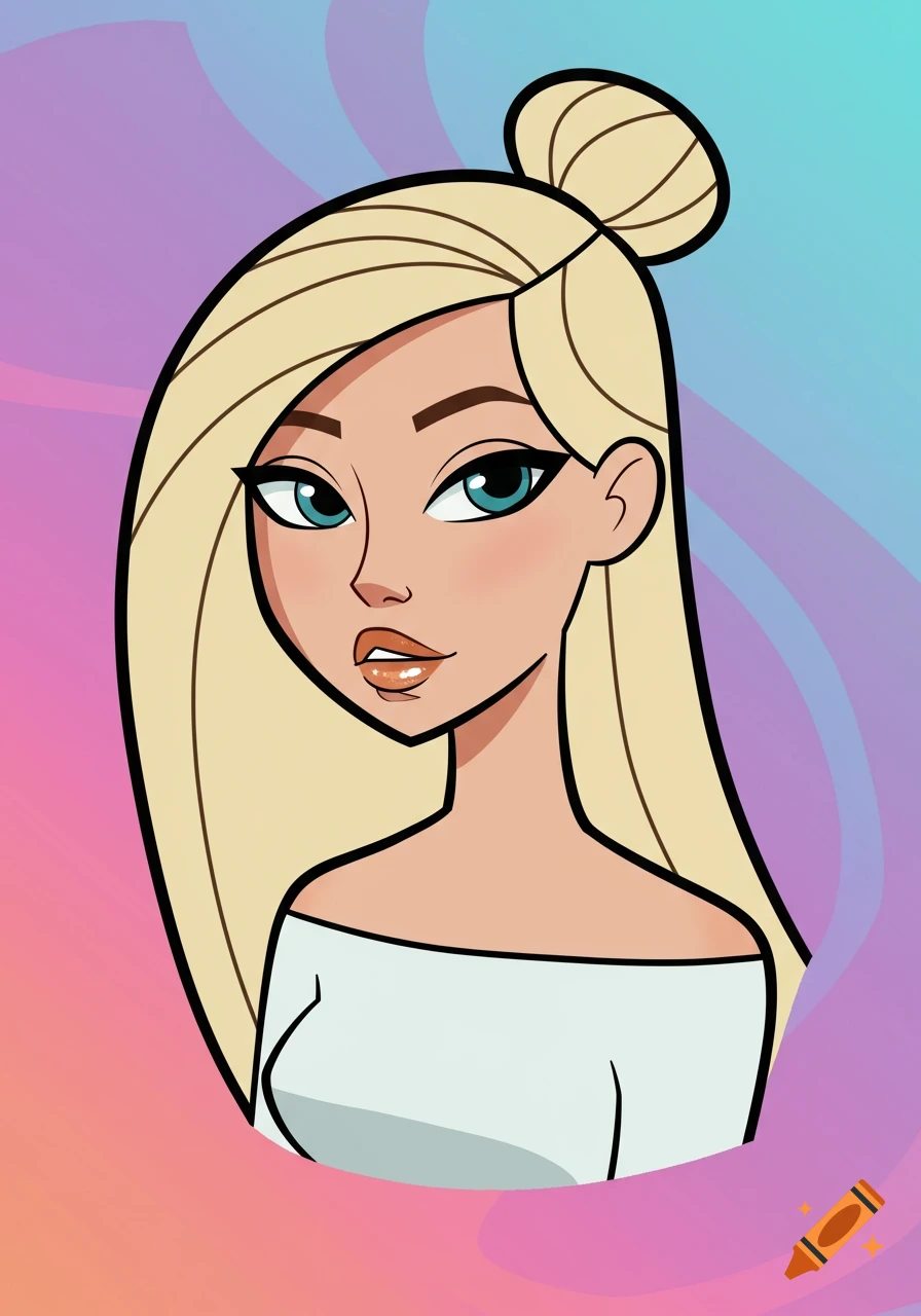 A cartoon portrait of a blonde woman with a bun, off-shoulder top, and glossy lips, against a gradient background.