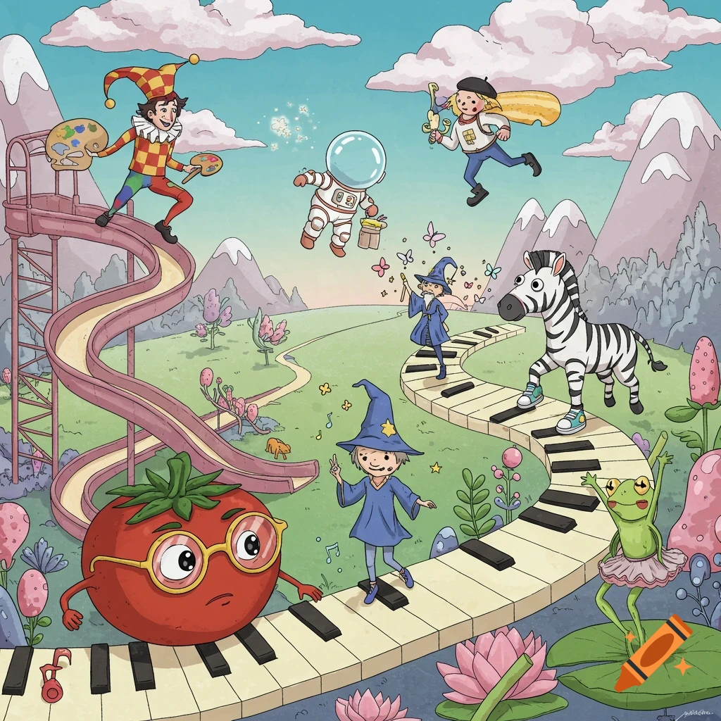 A surreal cartoon landscape with a jester on a slide, a floating astronaut, wizards, a zebra on a piano path, a tomato, and a frog ballerina.