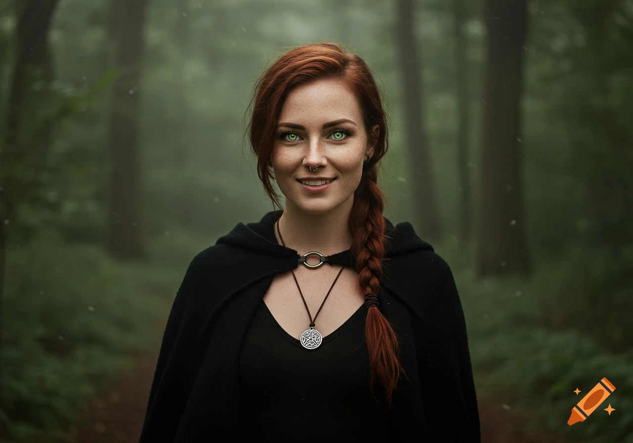 Photorealistic portrait of a red-haired woman with bright green eyes and freckles, wearing a black cloak and Celtic pendant in a misty forest.