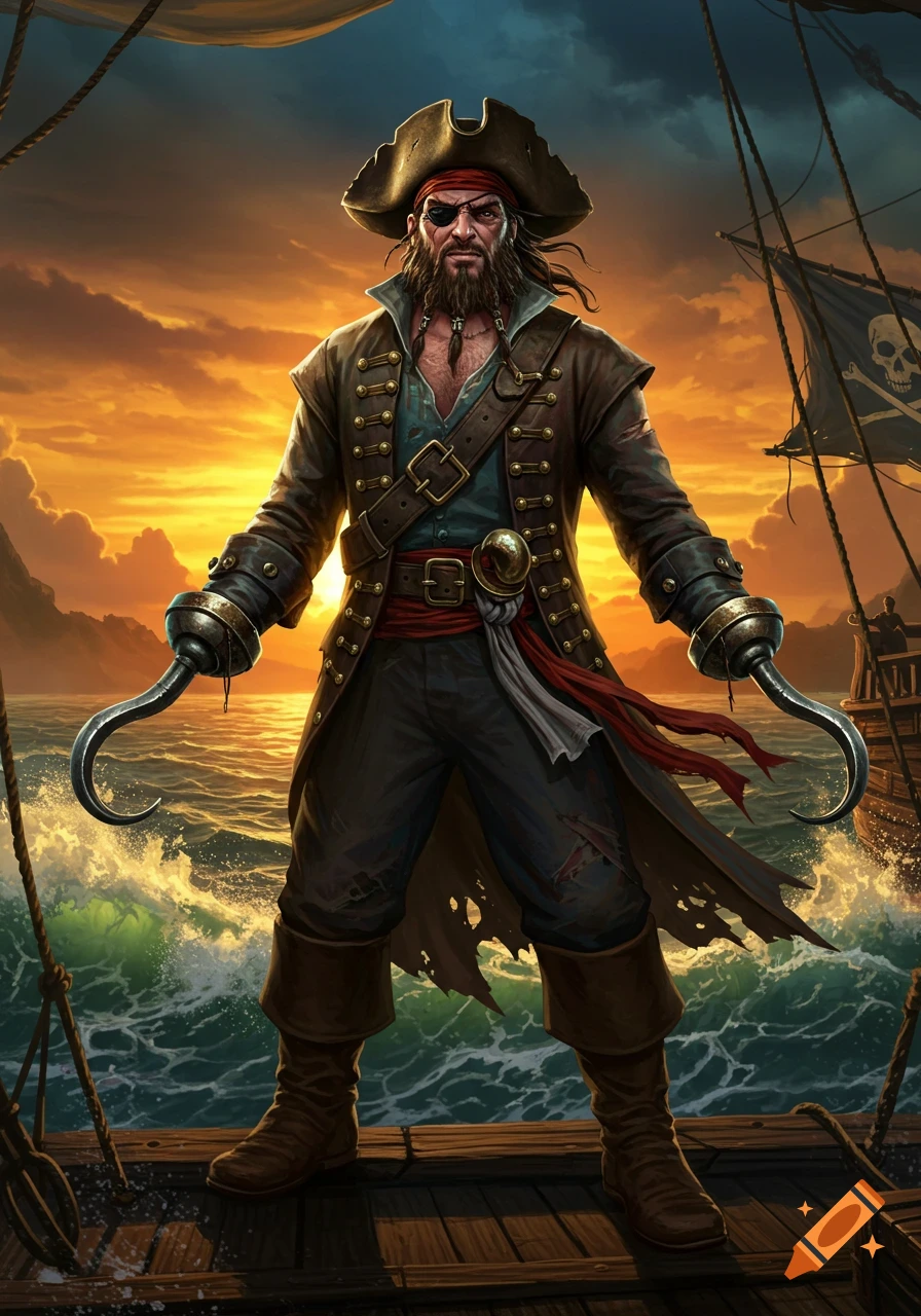 A detailed illustration of a fierce pirate with two hook hands standing on a ship deck at sunset, with a skull flag.