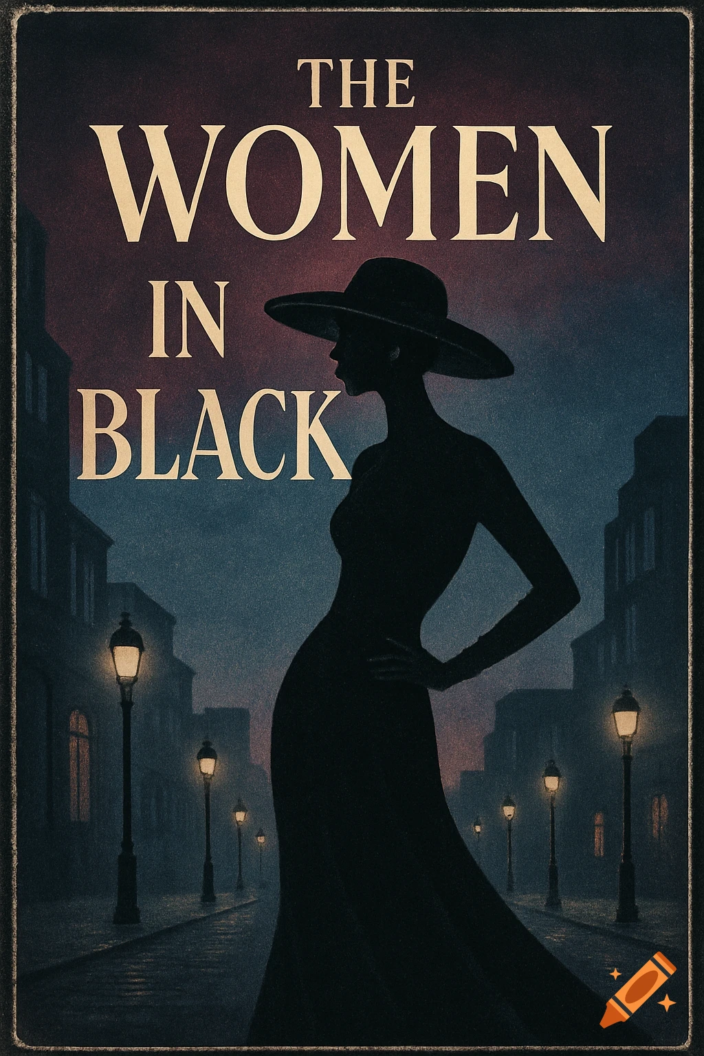 Vintage mystery book cover for 'THE WOMEN IN BLACK' with a silhouette of a woman on a dark, lamp-lit street.