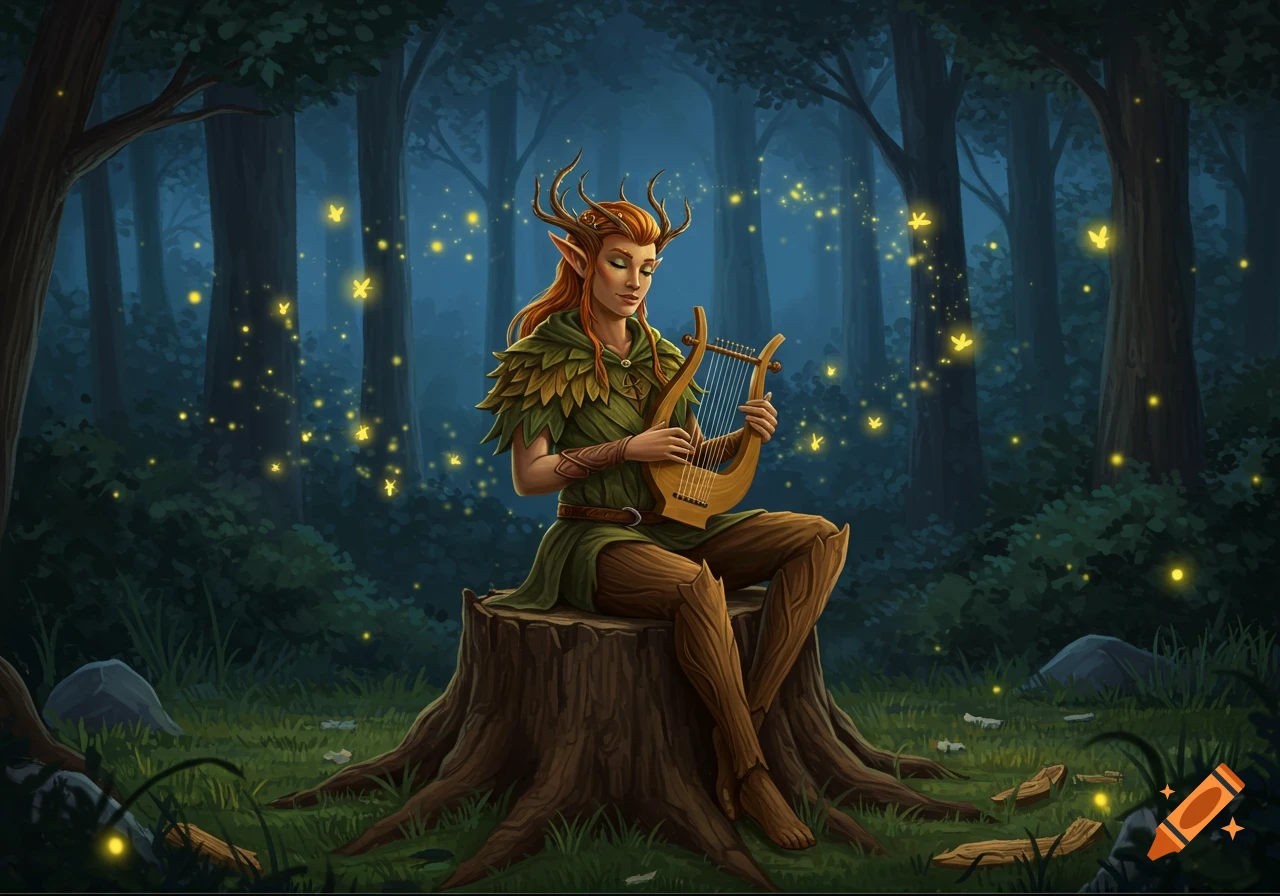Wood elf with antlers plays a lyre on a tree stump in a dark forest, surrounded by glowing fireflies. Fantasy art.