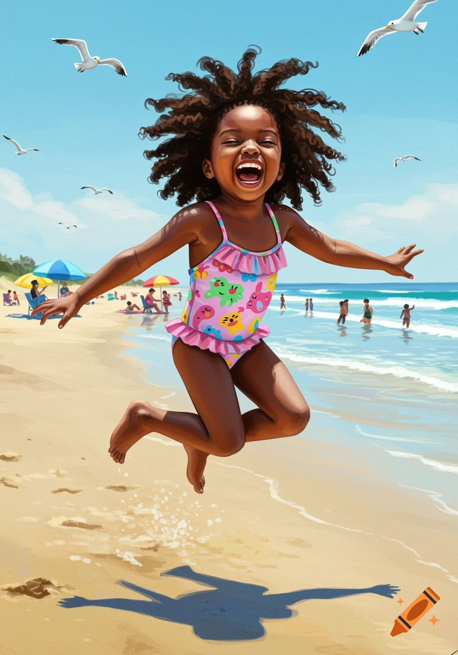 An animated black girl with curly hair jumps joyfully at a sunny beach with seagulls flying and people in the background.