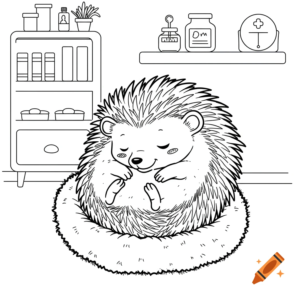 A black-and-white cartoon line drawing of a cute, sleepy hedgehog curled up in a nest, with clinic shelves in the background.