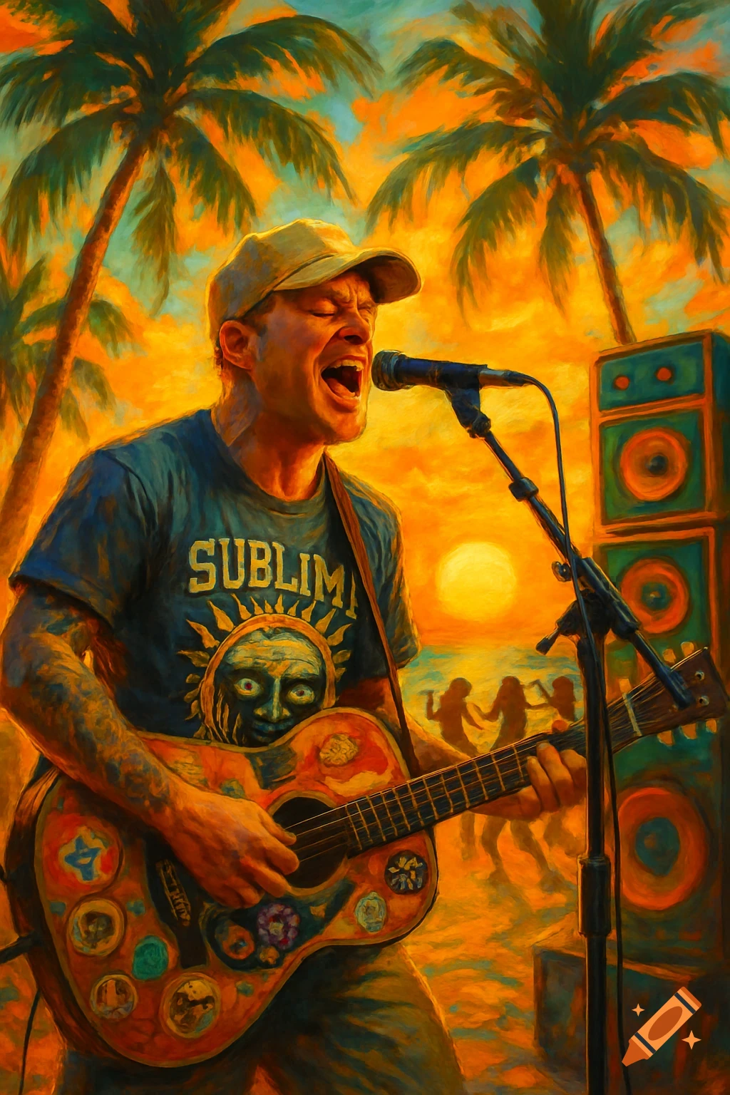 Vibrant painting of a man passionately singing and playing acoustic guitar on a beach at sunset, with palm trees and dancing figures in the background. He wears a Sublime t-shirt.