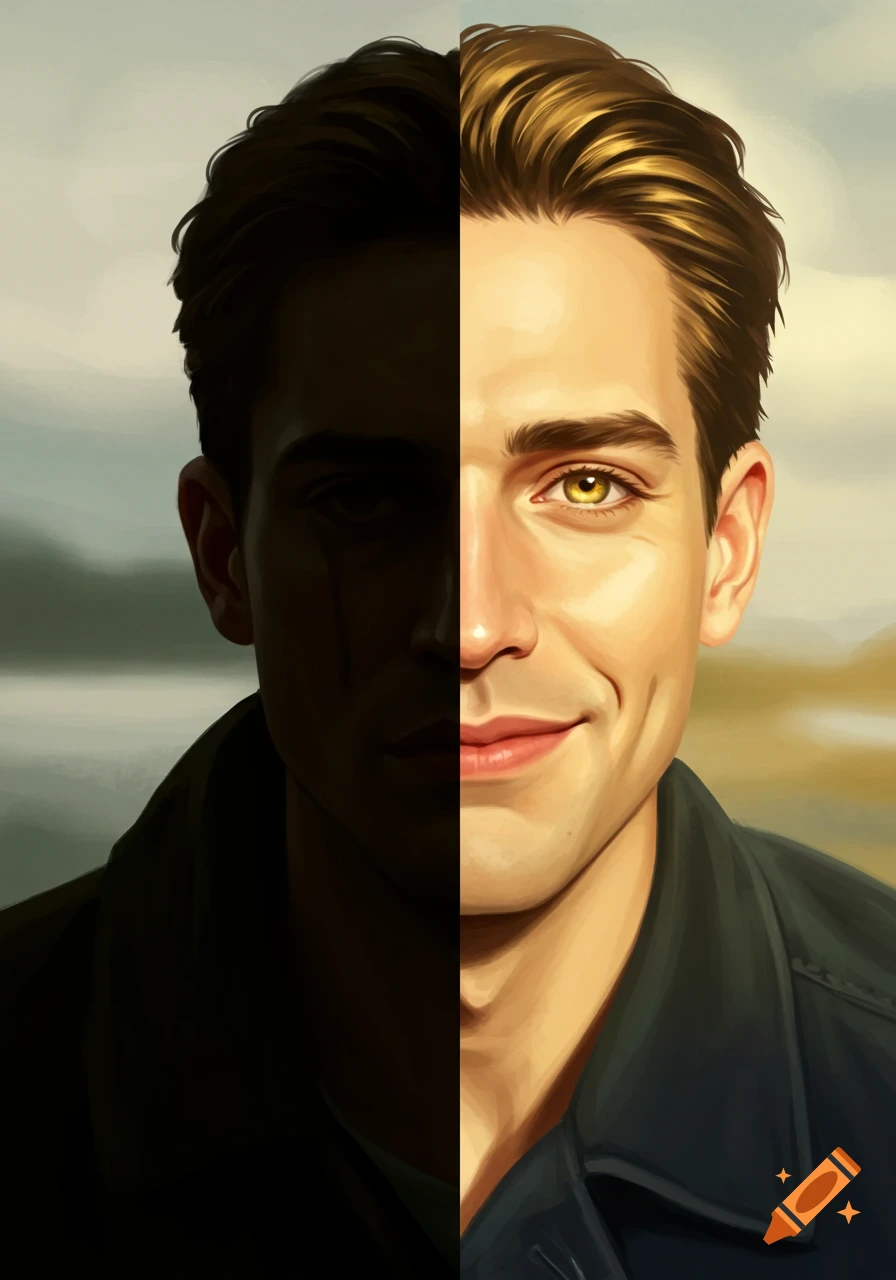 Digital art portrait of a man's face split in two; one side bright, smiling, and hopeful, the other dark, somber, and regretful.