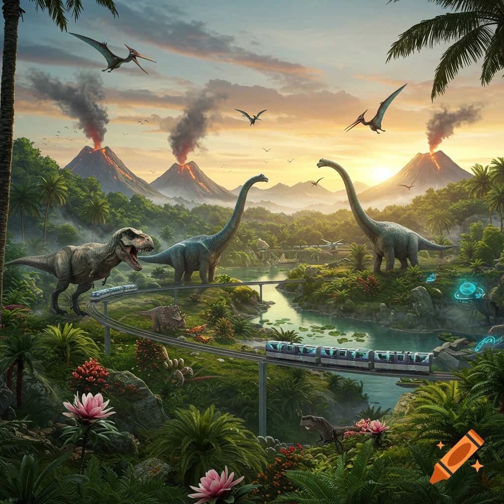 Lush tropical valley with dinosaurs (T-Rex, sauropods), modern trains on elevated tracks, active volcanoes, and a sunrise sky.