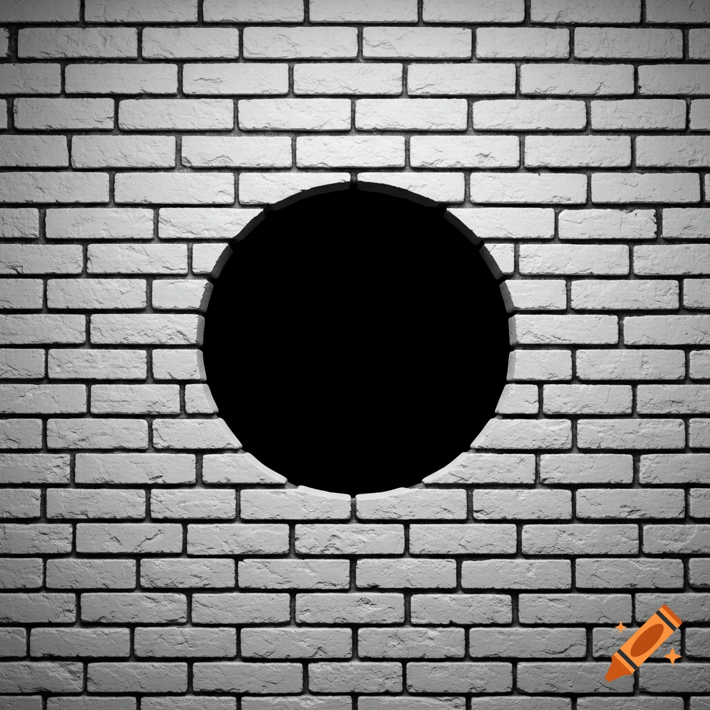 A white brick wall with a perfectly circular black hole in the center, lit from the top with a subtle vignette effect.