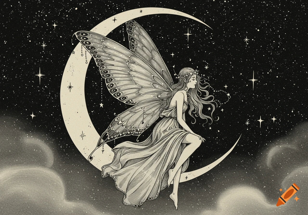 Vintage ink drawing of a fairy girl with butterfly wings sitting on a crescent moon in a starry night sky.