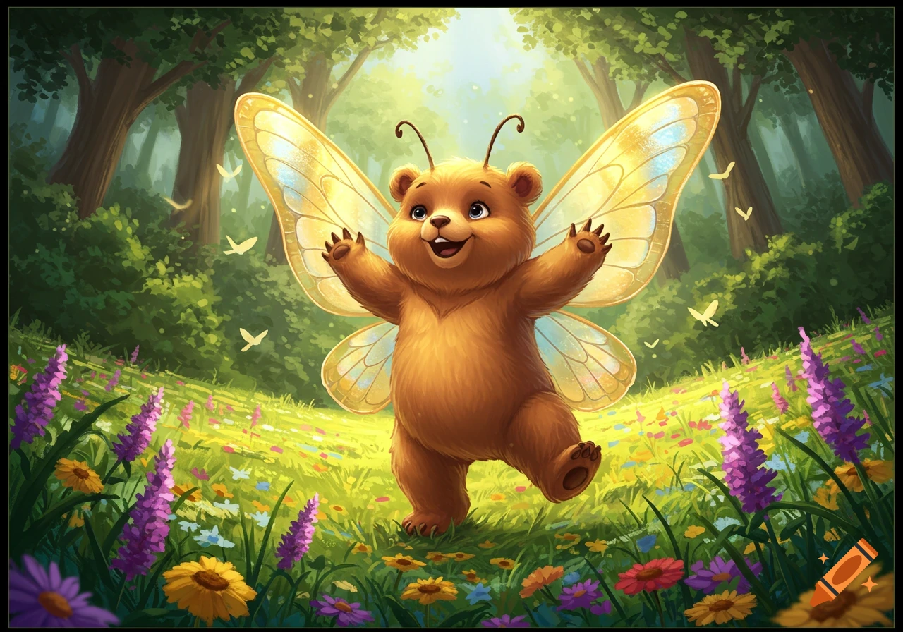 A cheerful, cartoonish bear with butterfly wings stands in a vibrant flower-filled forest meadow, sunlight shining through trees.