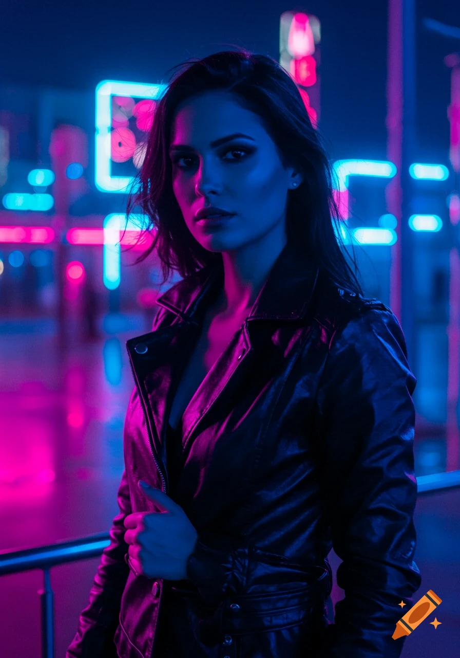 A woman in a black leather jacket stands in a dark urban setting illuminated by neon pink and blue lights, with a cyberpunk aesthetic.