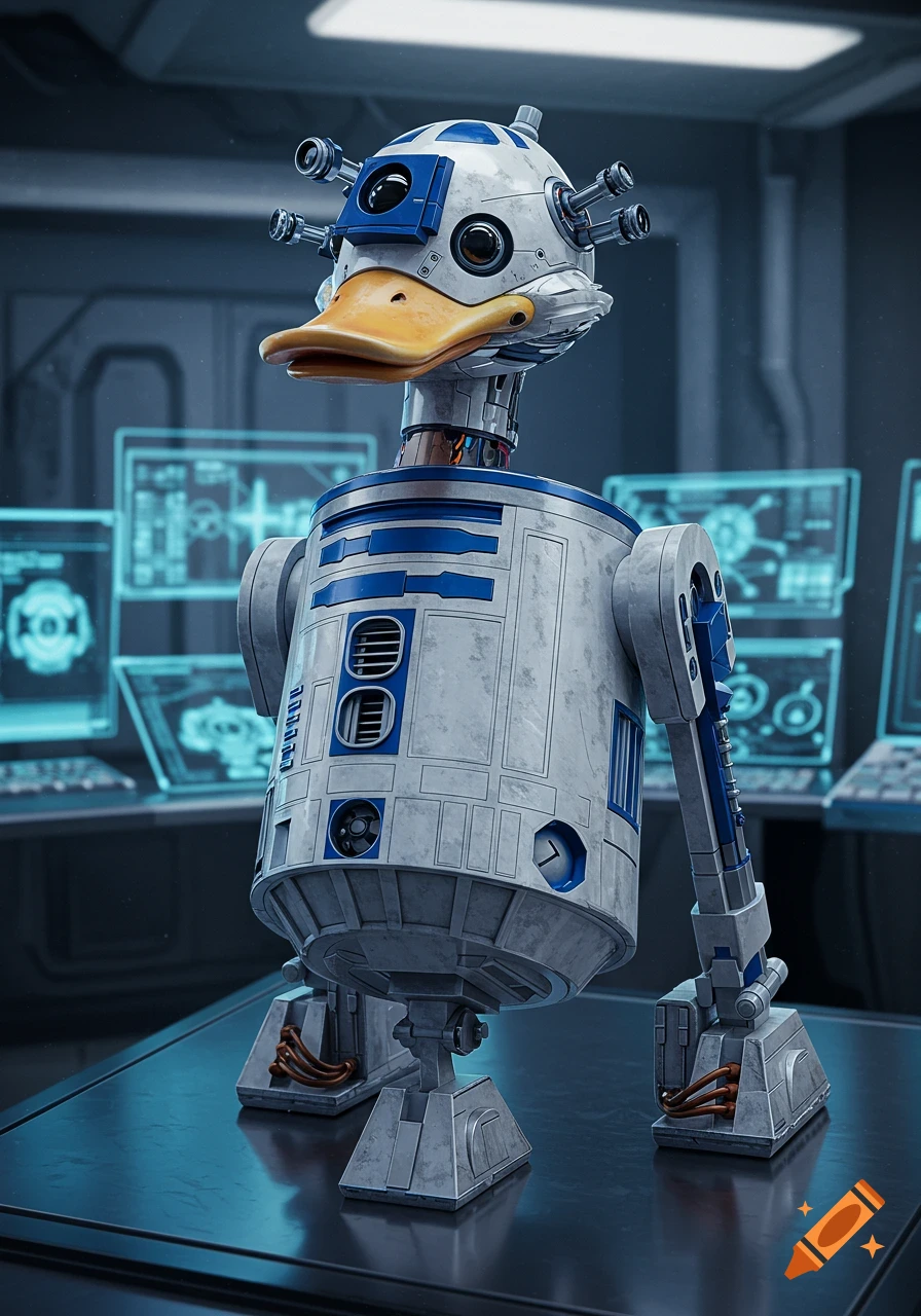 A photorealistic robotic duck, designed in the style of R2-D2 with white and blue panels and a yellow beak, stands in a futuristic lab.