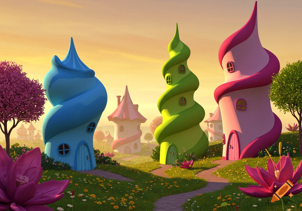Colorful, whimsical spiral houses in a vibrant green field with pink flowers under a warm, golden sky.
