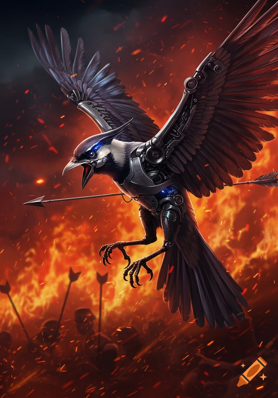 A fierce cybernetic mockingjay flies through a fiery battlefield with arrows and sparks, a detailed fantasy illustration.