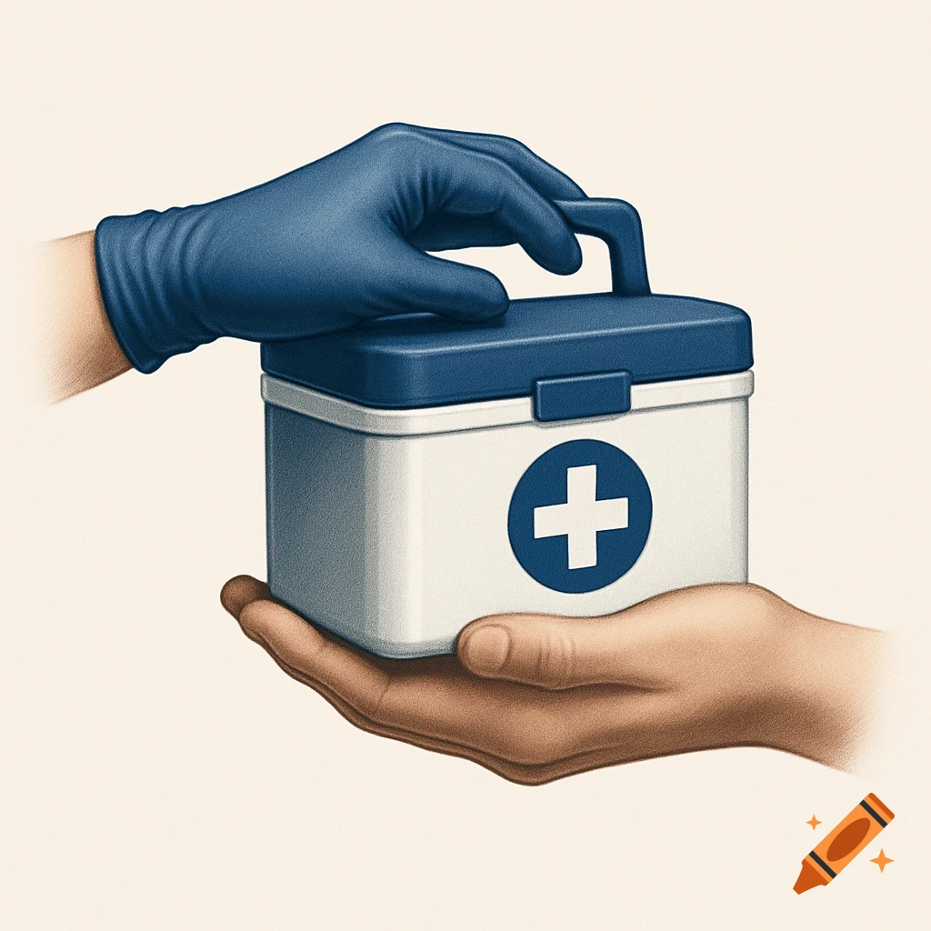 A gloved hand places a white medical cooler with a blue cross into an ungloved hand. Stylized illustration.