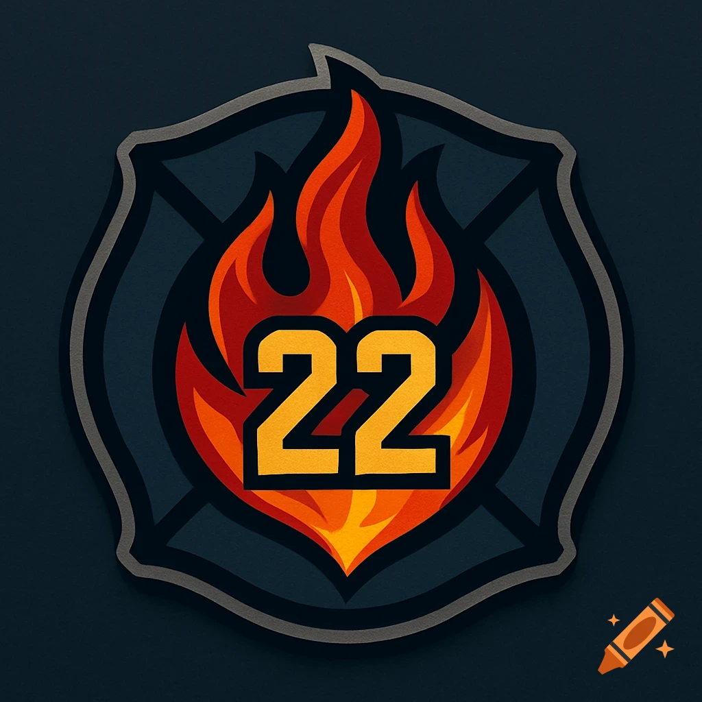 A stylized fire department logo featuring a black Maltese cross with orange and red flames, and the bold yellow number '22' in the center.