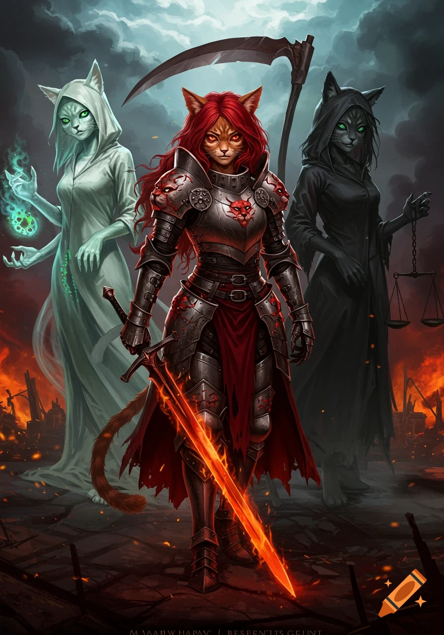 Three catgirls in an apocalyptic setting: a warrior in armor with a flaming sword, a multi-armed magician, and a cloaked reaper with scales.