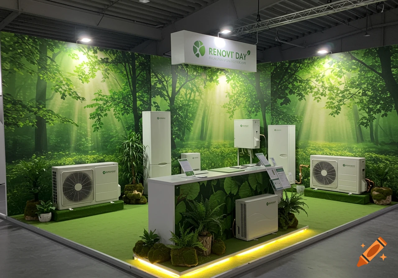 Exhibition stand for 'Renovi Day' featuring white heat pumps and climate control units, with green carpet and a forest backdrop.