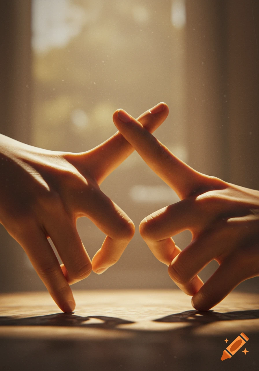 Close-up of two hands with hypermobile fingers bent backwards, forming an X shape against a warm, blurry background with dust motes.