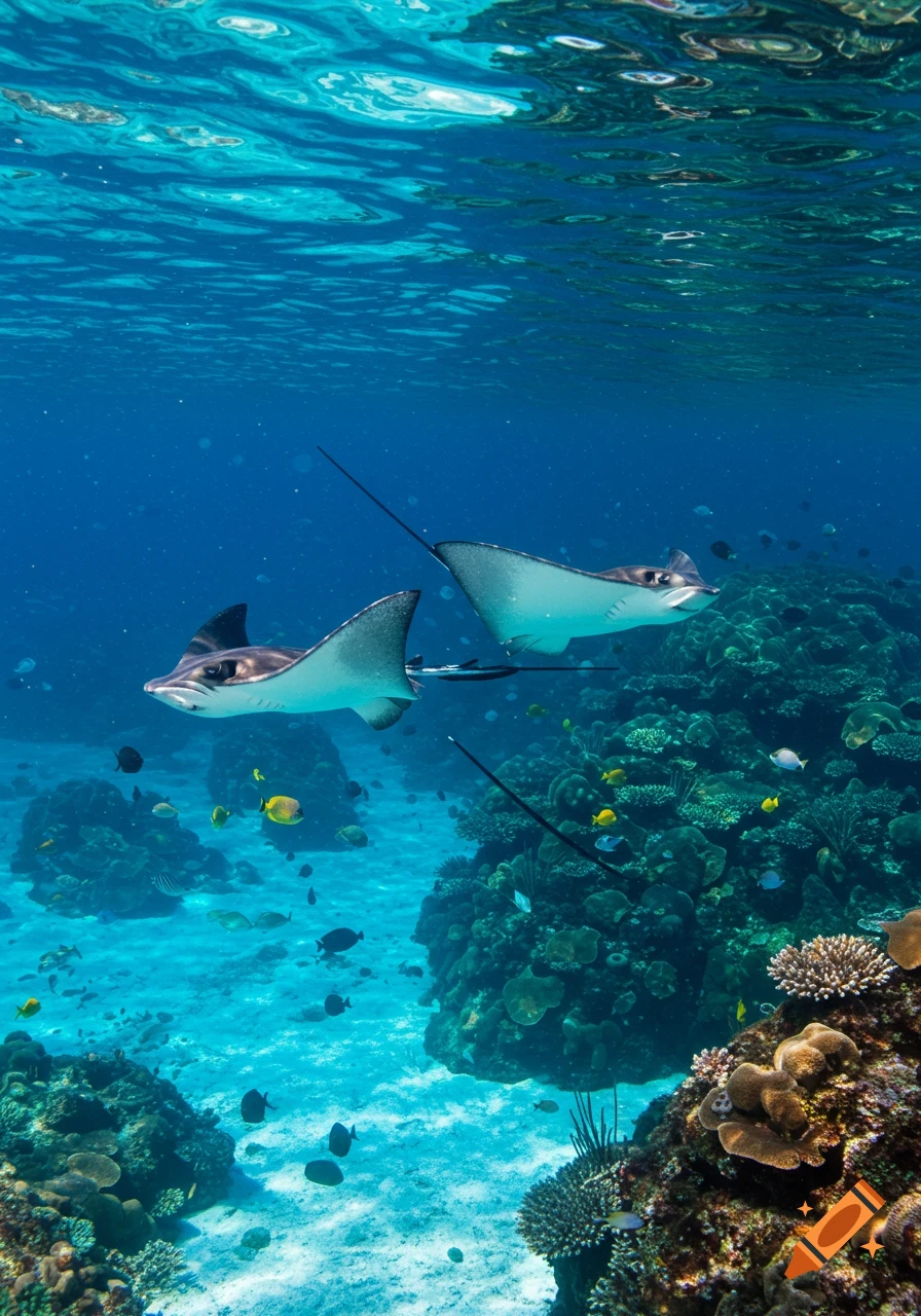 Two stingrays swim over a sandy seabed surrounded by colorful coral and small fish in a clear blue ocean.