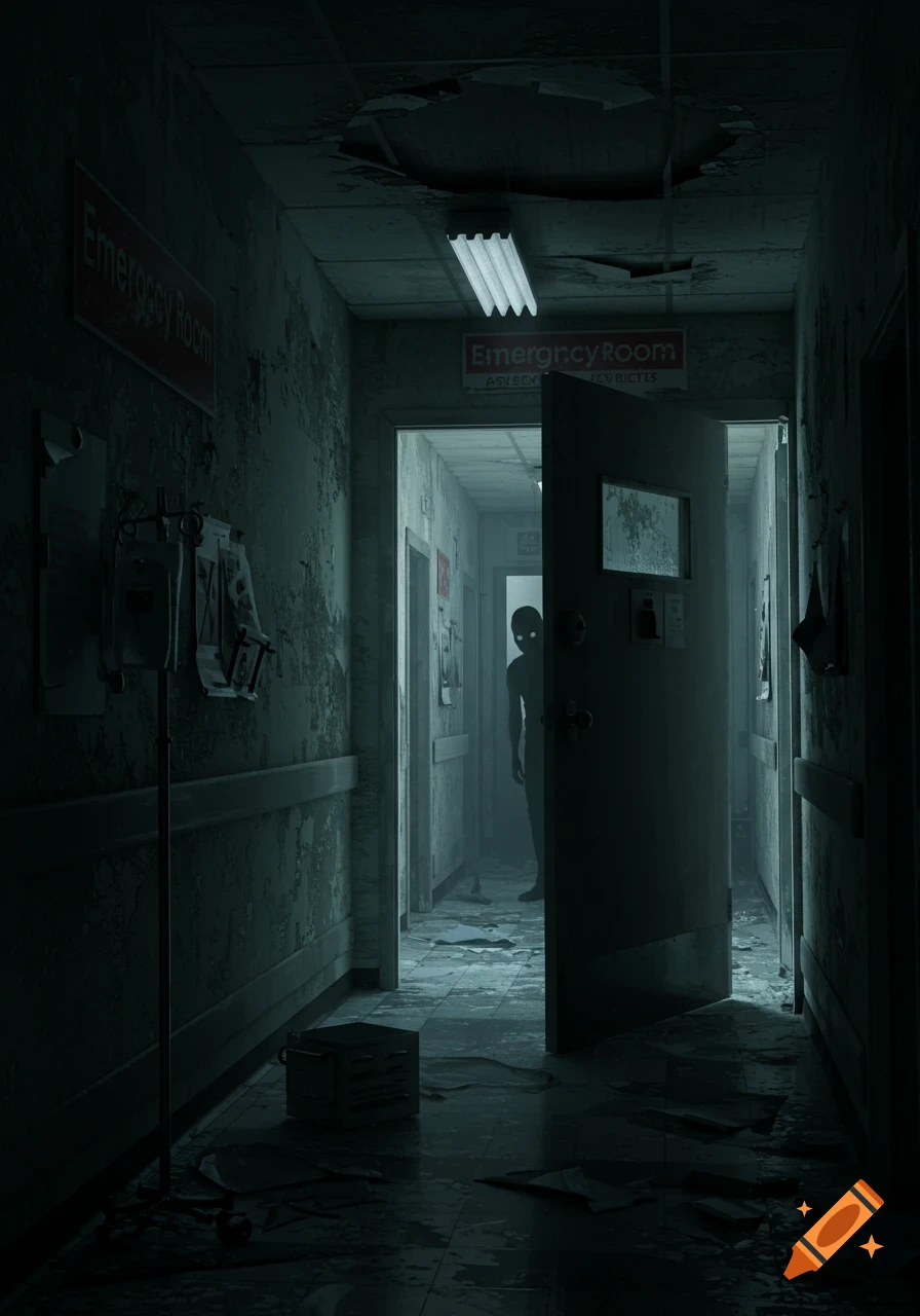 A dark, decaying abandoned hospital corridor with a shadowy, featureless figure peeking from an open doorway at the end of the hall. The walls are grimy, ceiling broken, and debris litters the floor. A sign on the wall says "Emergncy Room".