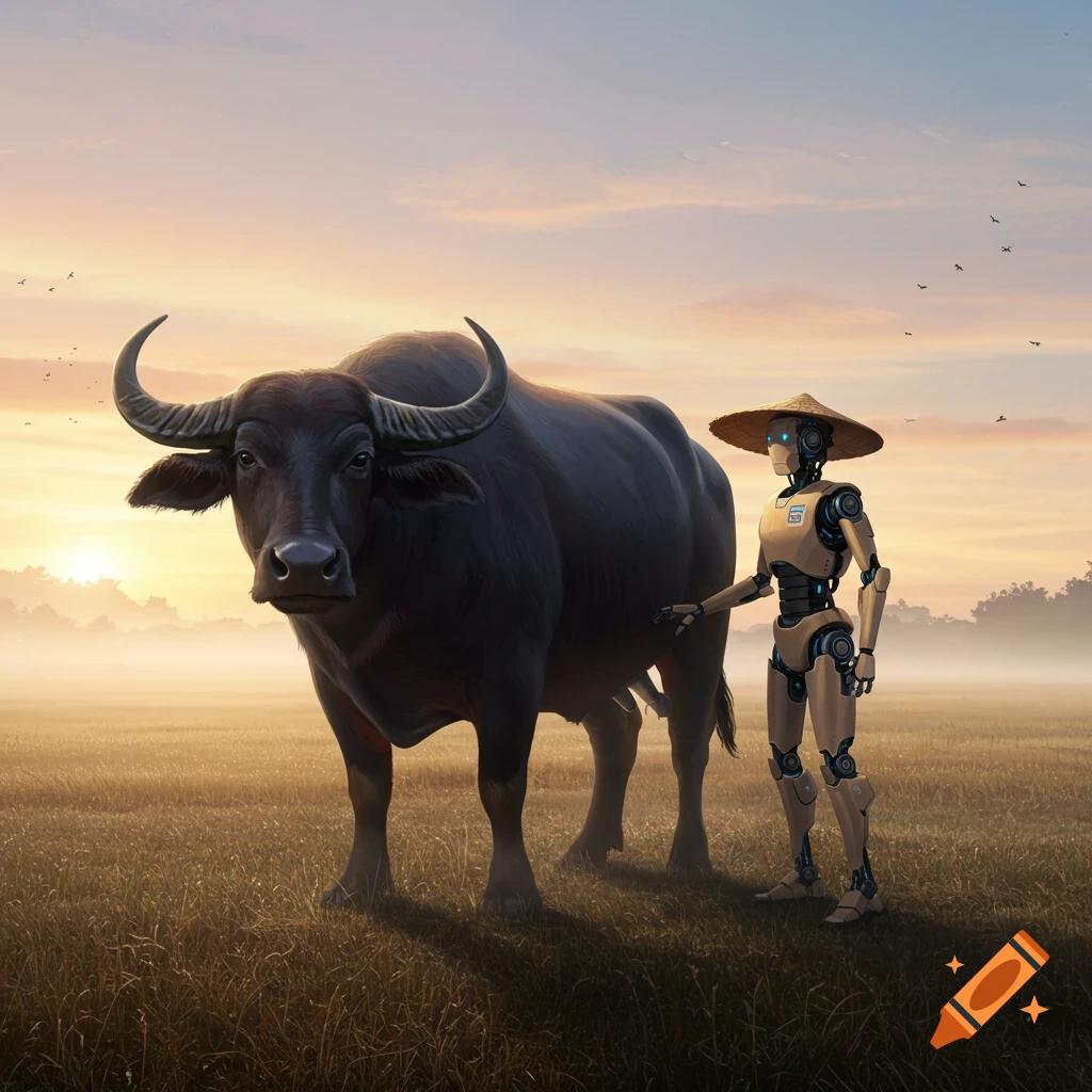 A robotic farmer wearing a conical hat stands next to a large water buffalo in a misty field at sunset.