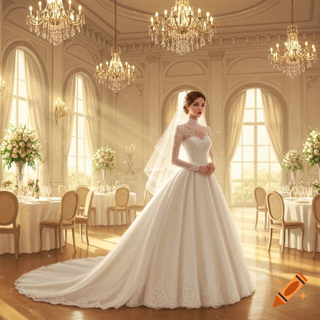 A photorealistic image of a bride in a white, high-collar wedding dress standing in a grand ballroom with chandeliers.