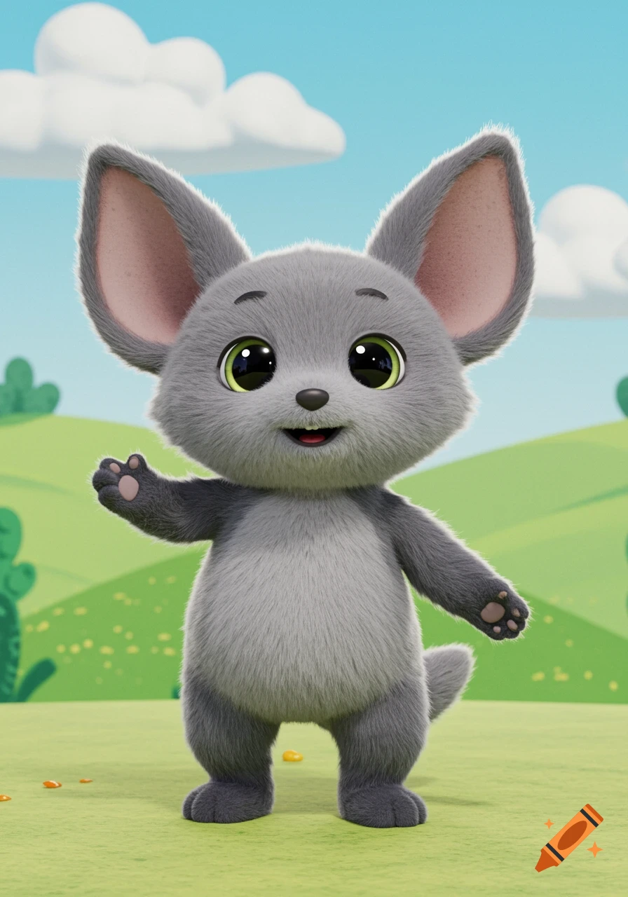 A cute, fluffy grey anthropomorphic character with large ears and big green eyes smiles and waves in a green field.