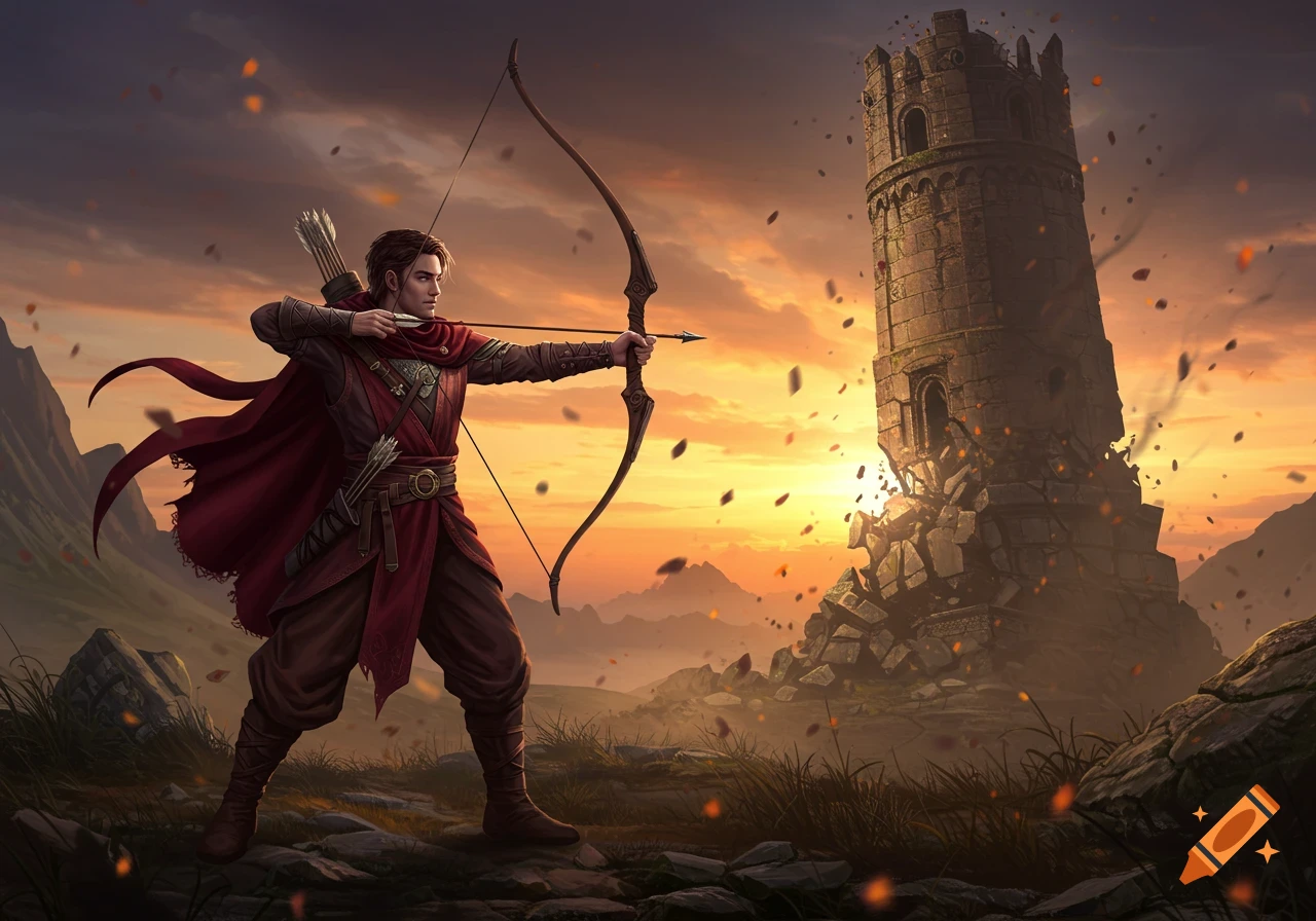 A male archer in a red cape aims a bow at a crumbling stone tower during a dramatic sunset.