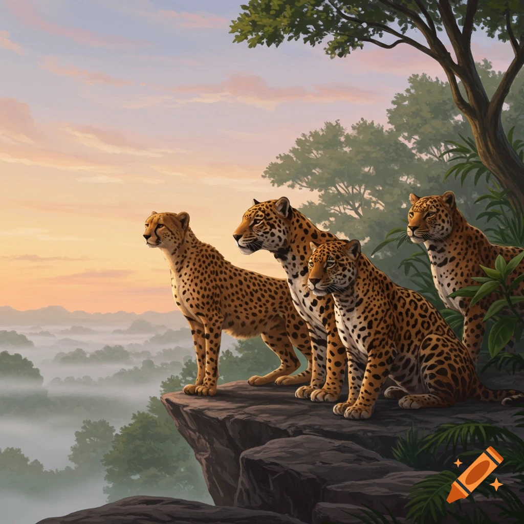 Four spotted big cats, a mix of cheetahs, jaguars, and leopards, on a rocky cliff overlooking a misty valley at sunset, illustration.
