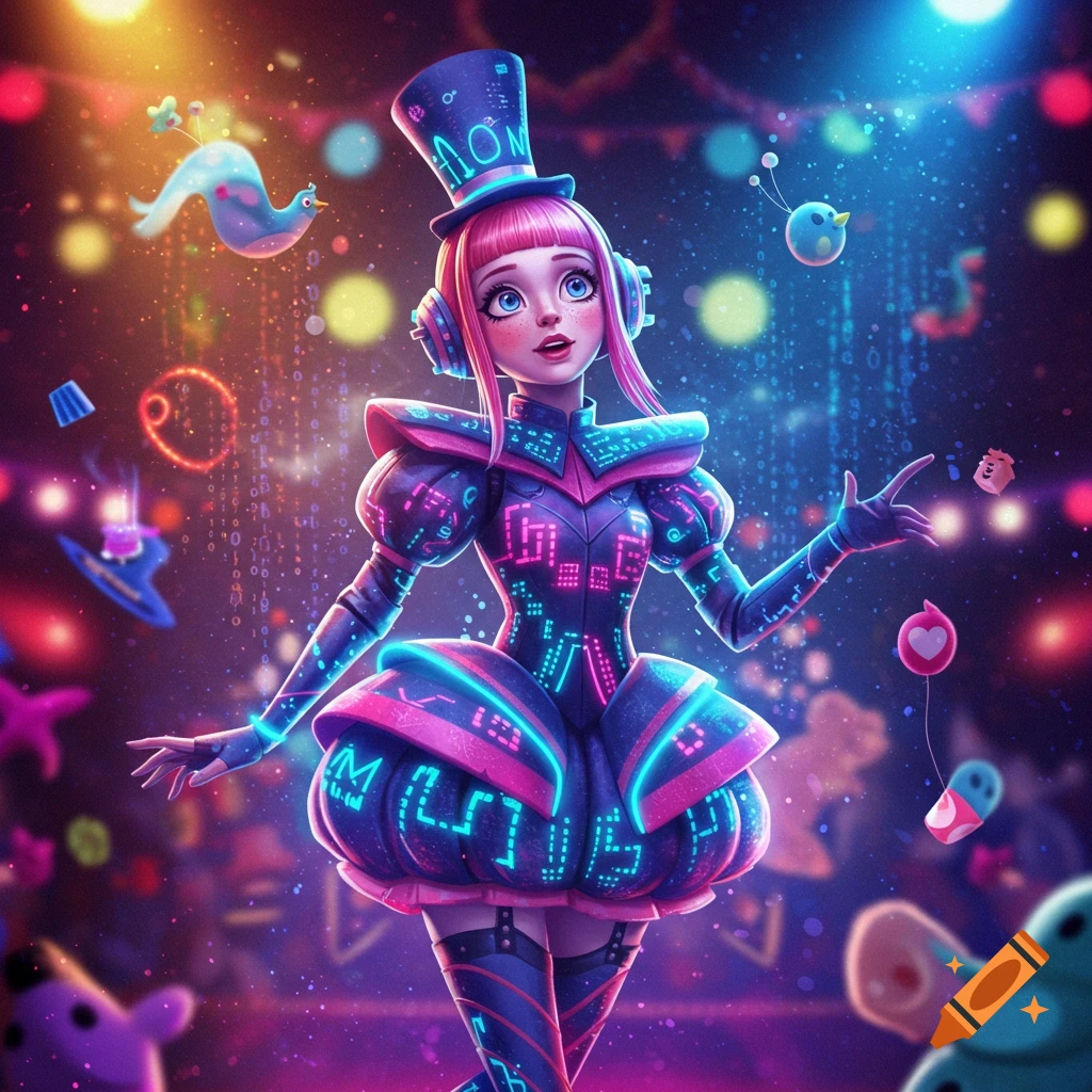 A stylized girl with pink hair, blue eyes, and headphones, wearing a vibrant neon digital circus costume and top hat in a whimsical glowing digital environment.