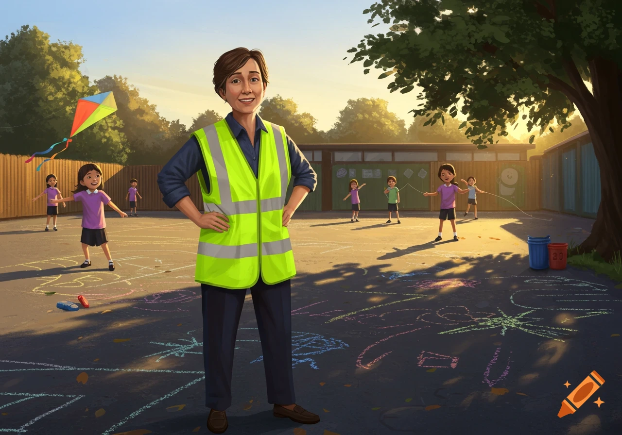 Illustration of a smiling teacher in a high-visibility vest on a sunny playground with children playing and drawing with chalk.