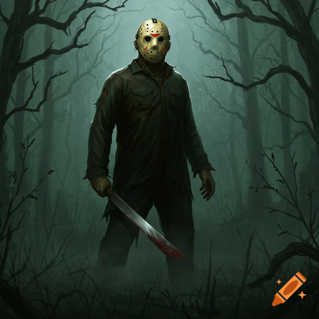 Jason Voorhees in a dark, foggy forest, holding a bloody machete. Stylized illustration.