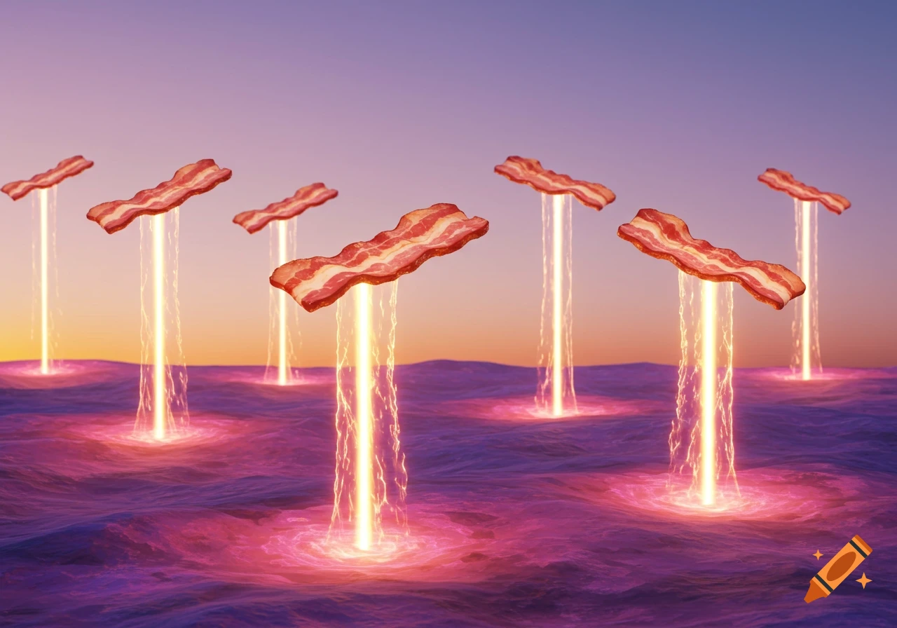 Multiple strips of bacon emit glowing light beams into a pink and purple ocean under a sunset sky, creating a surreal scene.