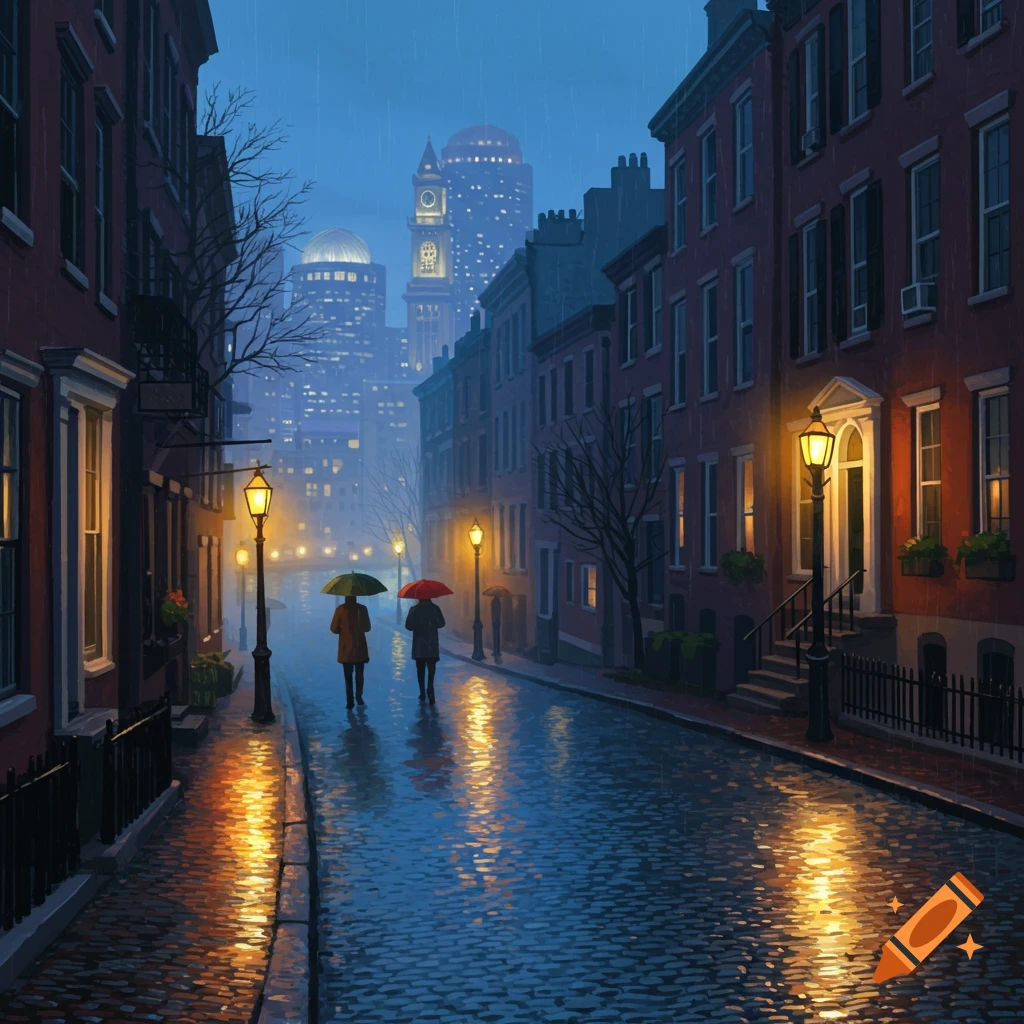 Illustrated rainy street scene at night with two people holding umbrellas on a cobblestone road, flanked by brick buildings and distant city lights.