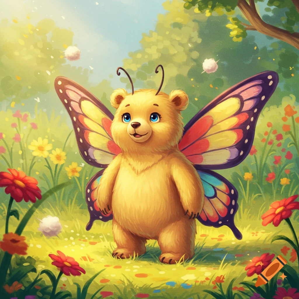 A cute, light brown cartoon bear with blue eyes and large, colorful butterfly wings stands in a vibrant, sunlit meadow filled with colorful flowers.