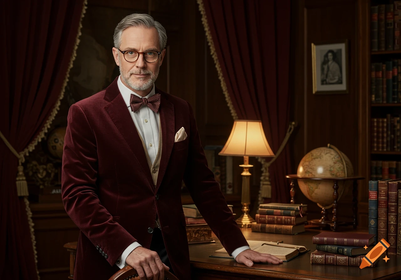 A distinguished man in a burgundy velvet jacket and bow tie stands in a classic study, with a desk, books, and globe.