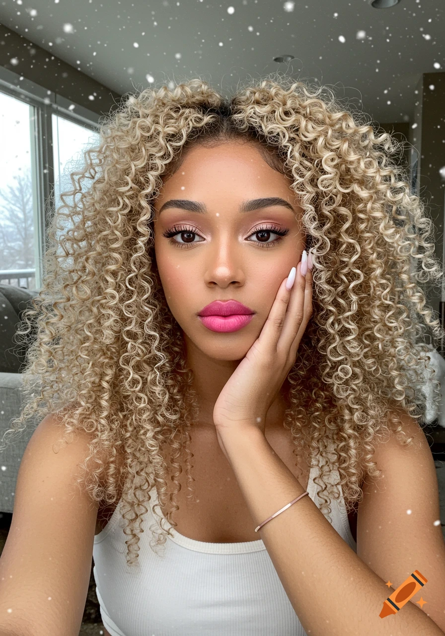 Close-up selfie of a woman with platinum blonde curly hair, pink lipstick, and a white tank top. Snow falls outside a window in the background.