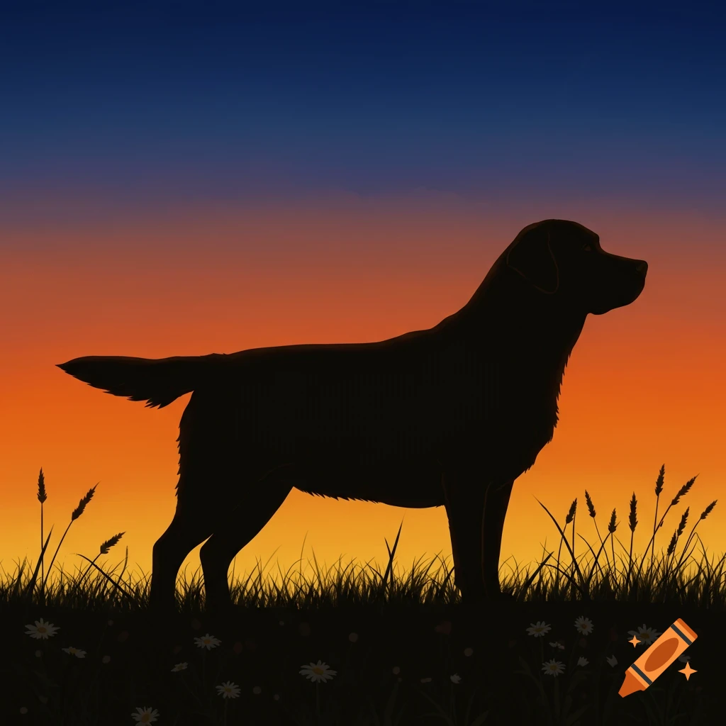 Silhouette of a Labrador Retriever standing in tall grass against a vibrant sunset sky in an illustrative style.