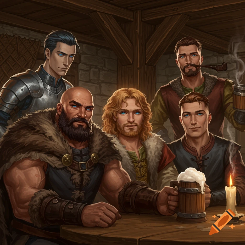 Five blue-eyed men in fantasy attire, with varying beards and hairstyles, gather at a wooden table in a rustic tavern, drinking from mugs.