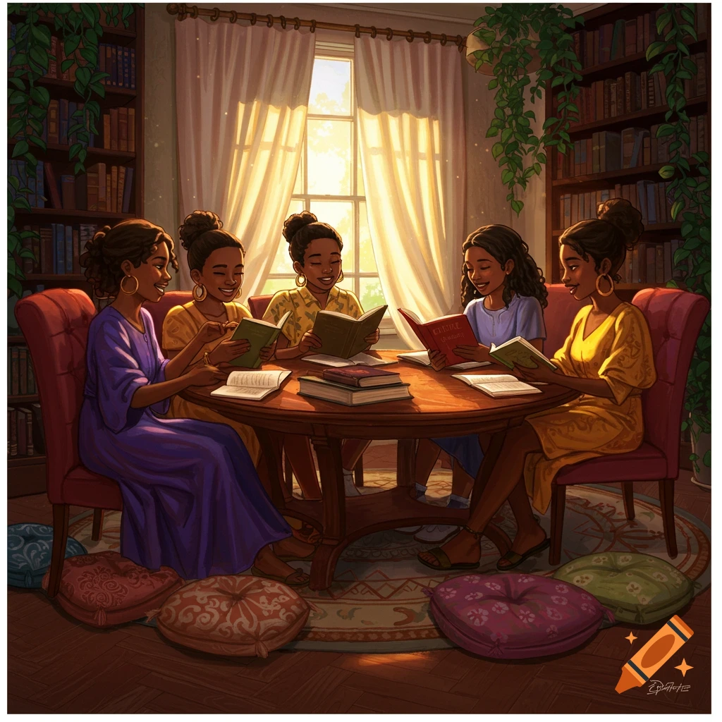 Five young women of color smiling and reading books around a wooden table in a sunlit room with bookshelves.