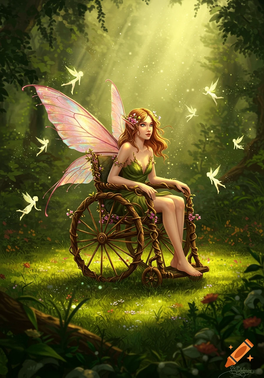A beautiful fairy with large pink wings sits in a rustic, vine-covered wheelchair in a sunlit magical forest, surrounded by small flying fairies.