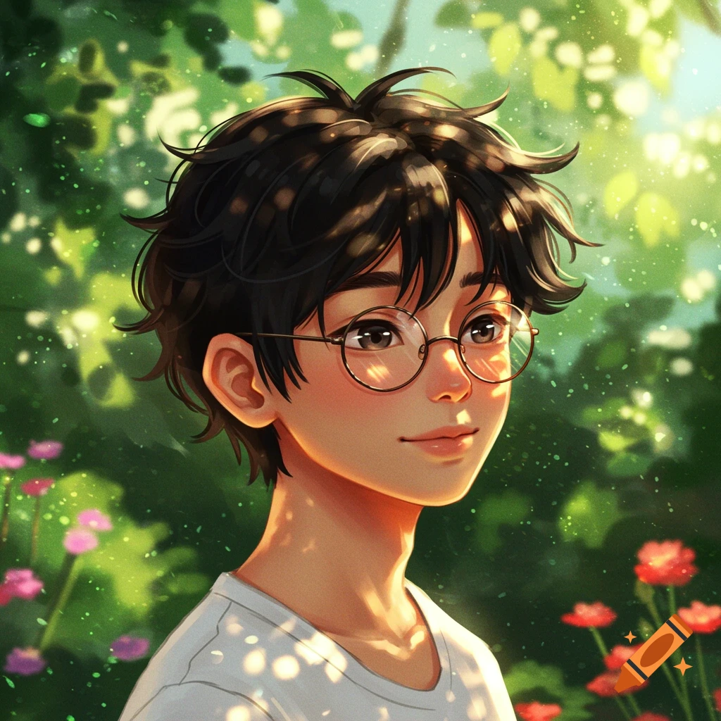Anime-style portrait of a young man with dark messy hair and round glasses, smiling gently amidst dappled sunlight and green foliage with pink and red flowers.